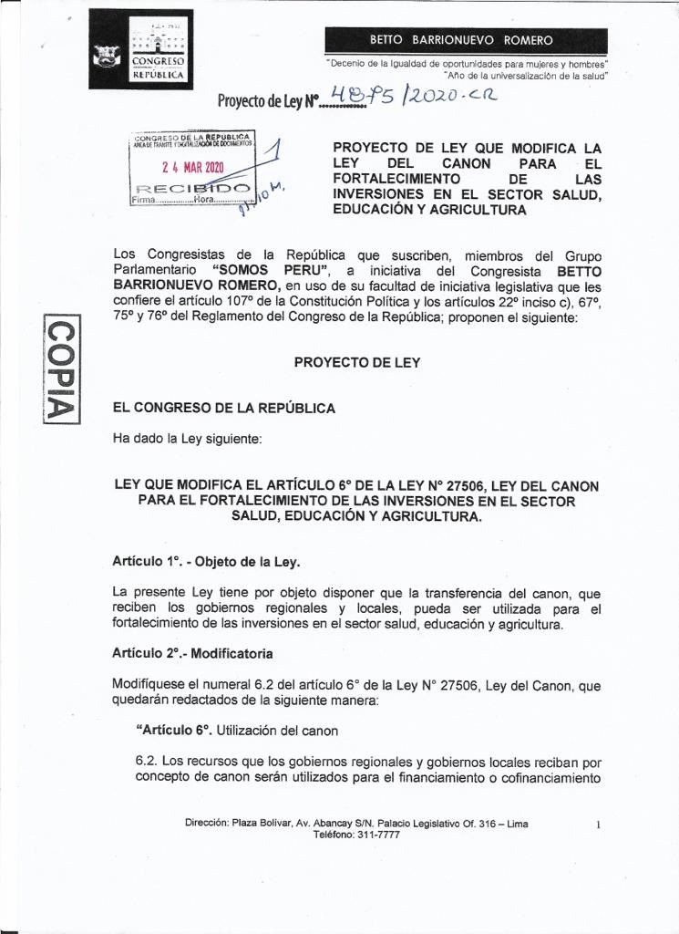 Proyecto de Ley presentado por el congresista Betto Barrionuevo Romero.